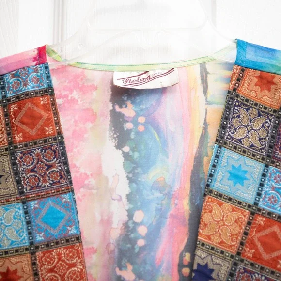 Kimono Silk Jacket OS Artistic Abstract Wearable Art Colorful Eclectic Geometric - Picture 2 of 7